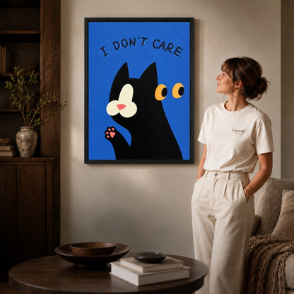 Unbothered Cat Canvas Art inside a black frame in a softly lit living room with books.