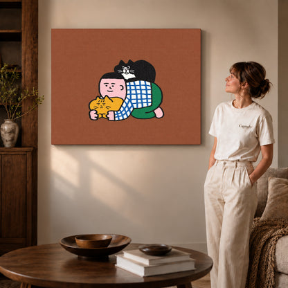 Cuddling Cats Canvas Art on gallery wrapped canvas with visible depth beside a woman in white.