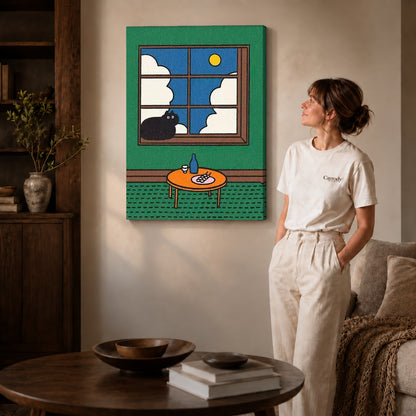 Window Cat Canvas Art on gallery wrapped canvas with visible depth beside a woman in white.