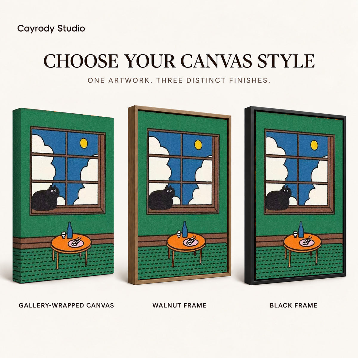 Window Cat Canvas Art shown in gallery wrapped canvas, walnut frame, and black frame finishes.