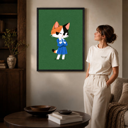 Schoolday Cat Canvas Art inside a black frame in a softly lit living room with books.