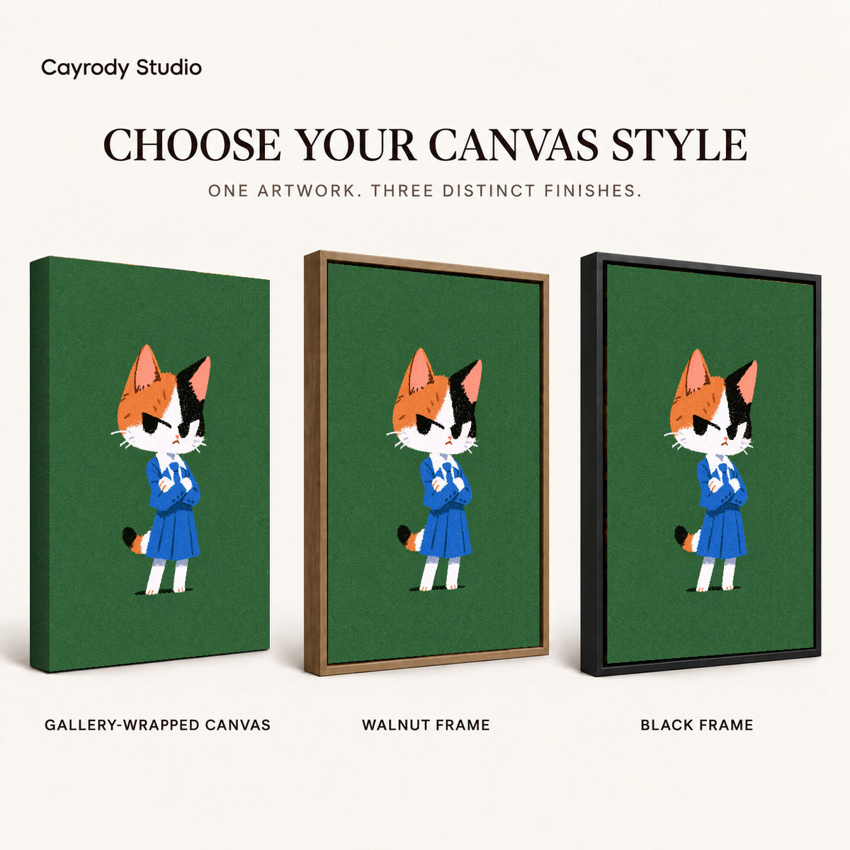 Schoolday Cat Canvas Art shown in gallery wrapped canvas, walnut frame, and black frame finishes.