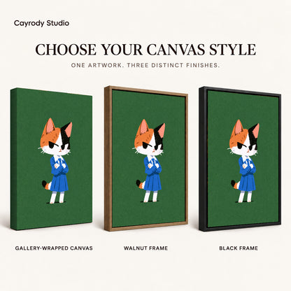 Schoolday Cat Canvas Art shown in gallery wrapped canvas, walnut frame, and black frame finishes.