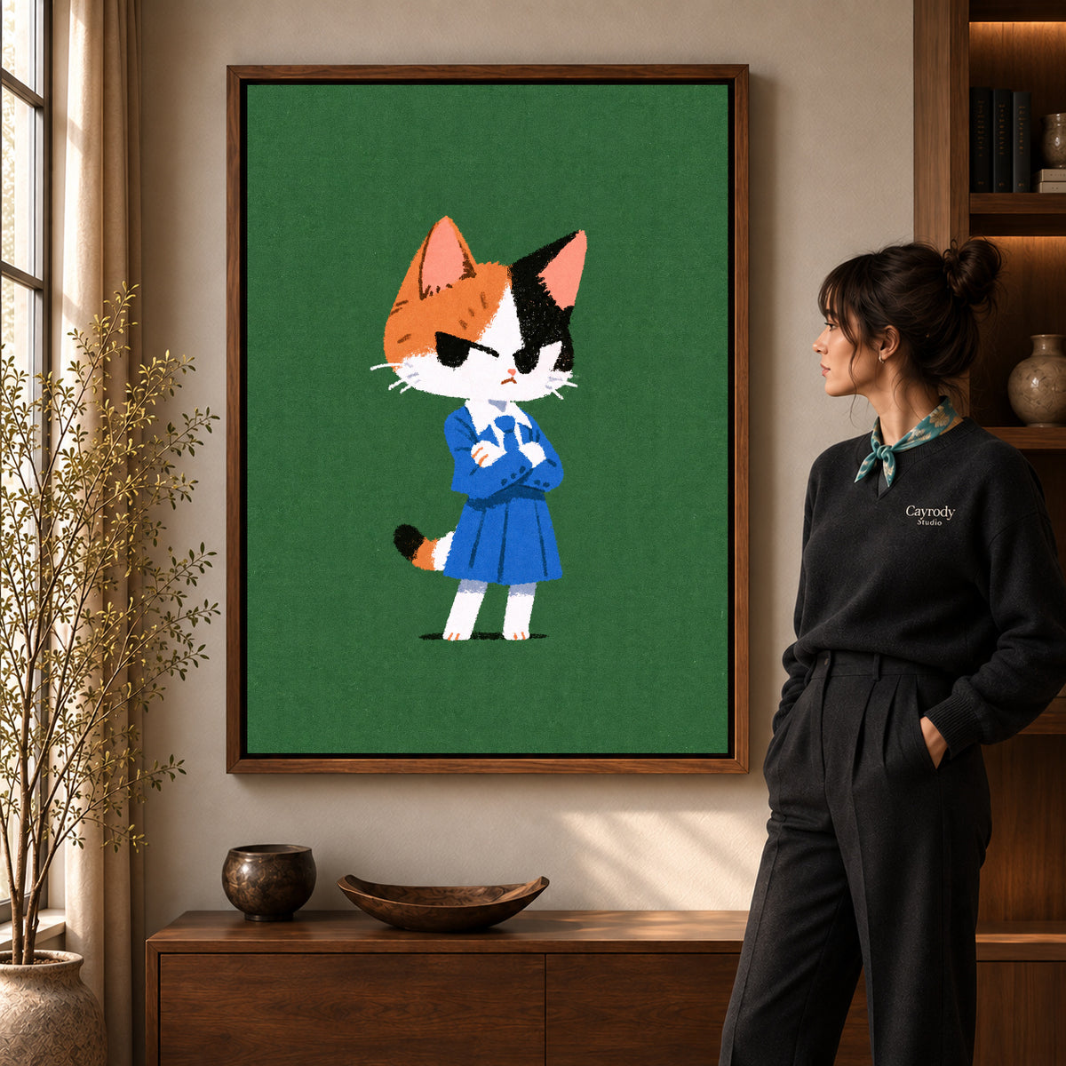 Walnut framed schoolday cat canvas art with the complete artwork displayed in a warm living room.