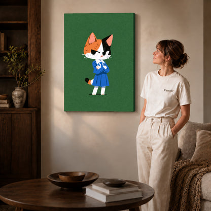 Gallery wrapped schoolday cat canvas art showing dimensional edges and soft shadows in a living room.