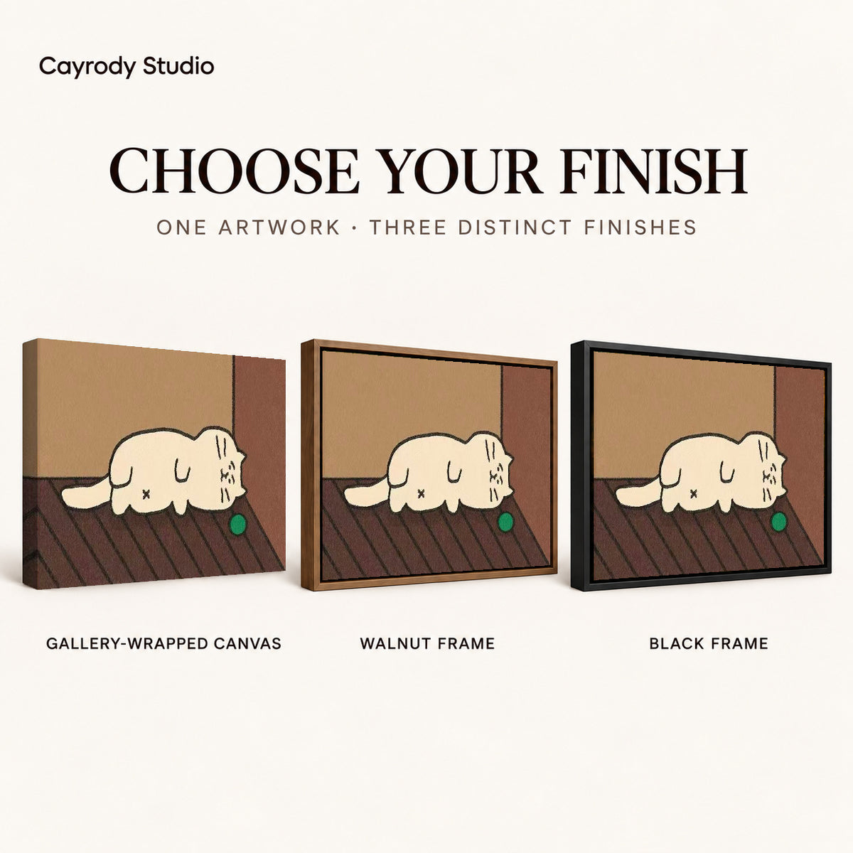 Sleepy Cat Canvas Art shown in gallery wrapped canvas, walnut frame, and black frame finishes.