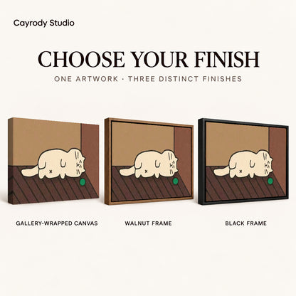 Sleepy Cat Canvas Art shown in gallery wrapped canvas, walnut frame, and black frame finishes.