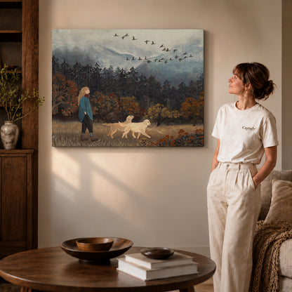Autumn Dog Walk Canvas Art on gallery wrapped canvas with visible depth beside a woman in white.