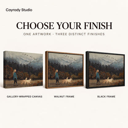 Autumn Dog Walk Canvas Art shown in gallery wrapped canvas, walnut frame, and black frame finishes.