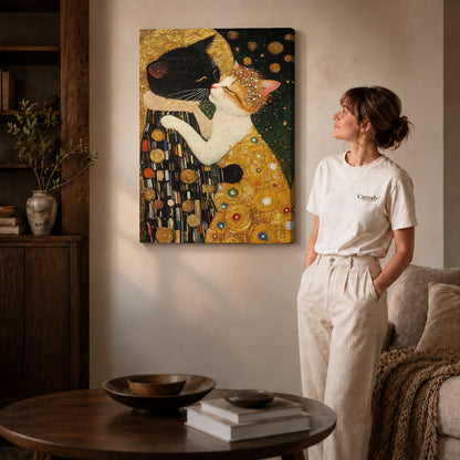 Golden Cat Embrace Canvas Art on gallery wrapped canvas with visible depth beside a woman in white.