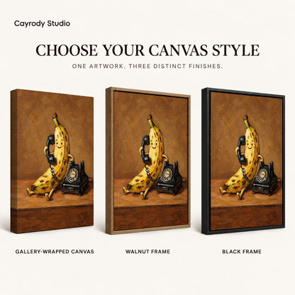 Banana Telephone Canvas Art shown in gallery wrapped canvas, walnut frame, and black frame finishes.