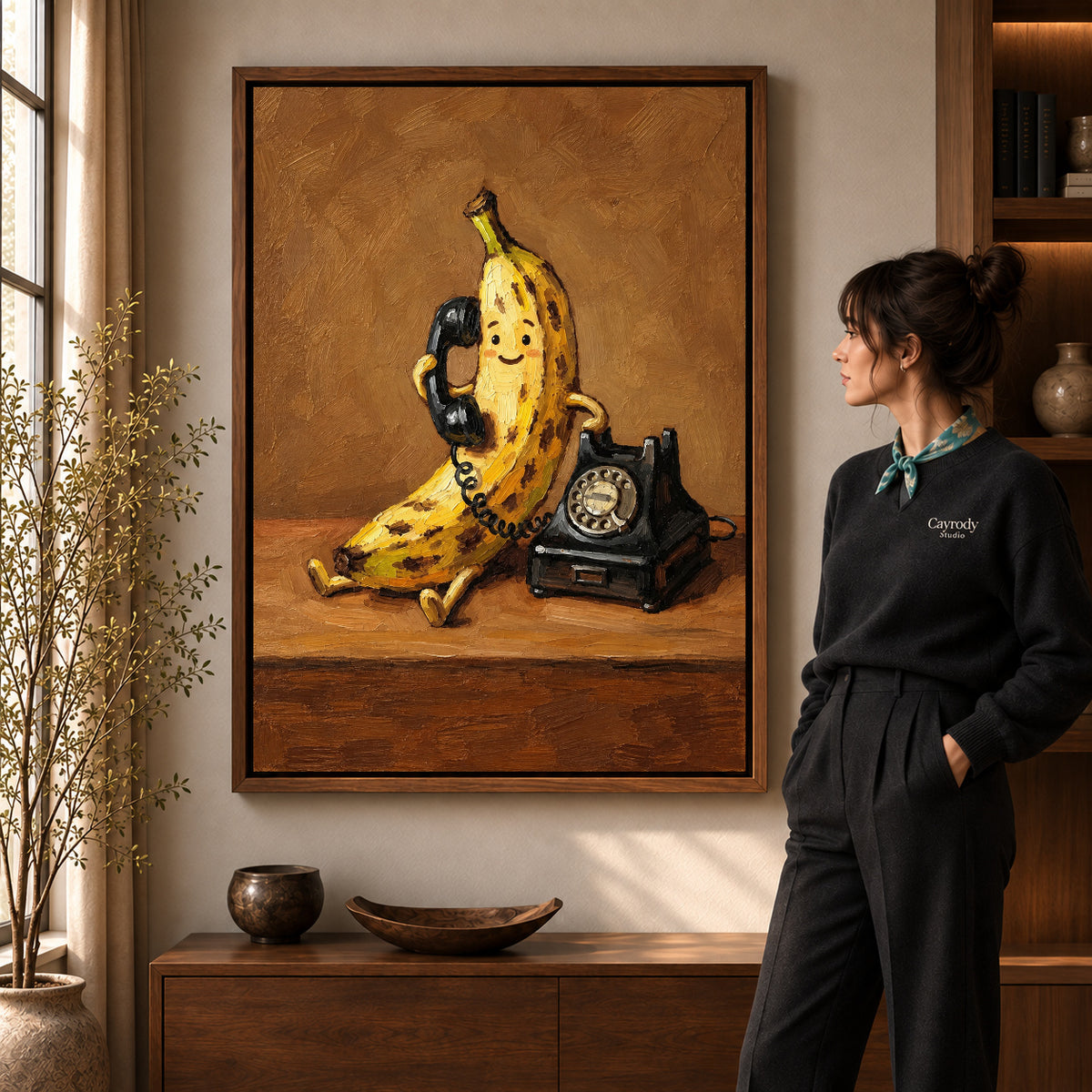 Walnut framed banana telephone canvas art with the complete artwork displayed in a warm living room.