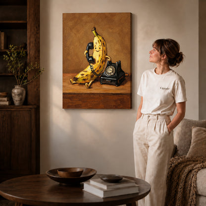 Gallery wrapped banana telephone canvas art showing dimensional edges and soft shadows in a living room.