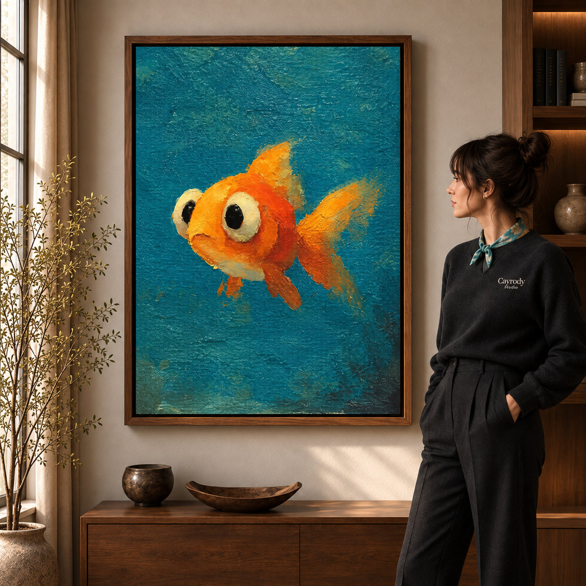Curious Goldfish Canvas Art in a walnut frame beside a standing woman and warm wooden furniture.