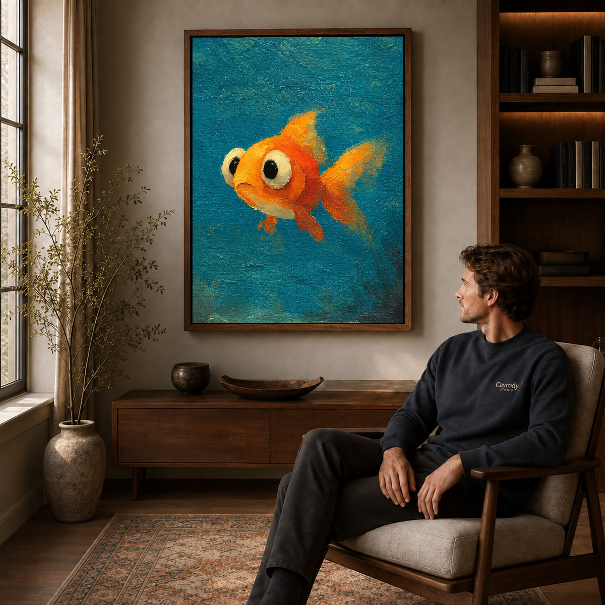 Curious Goldfish Canvas Art displayed in a walnut frame above wooden furniture beside a seated man.