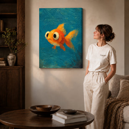 Curious Goldfish Canvas Art on gallery wrapped canvas with visible depth beside a woman in white.