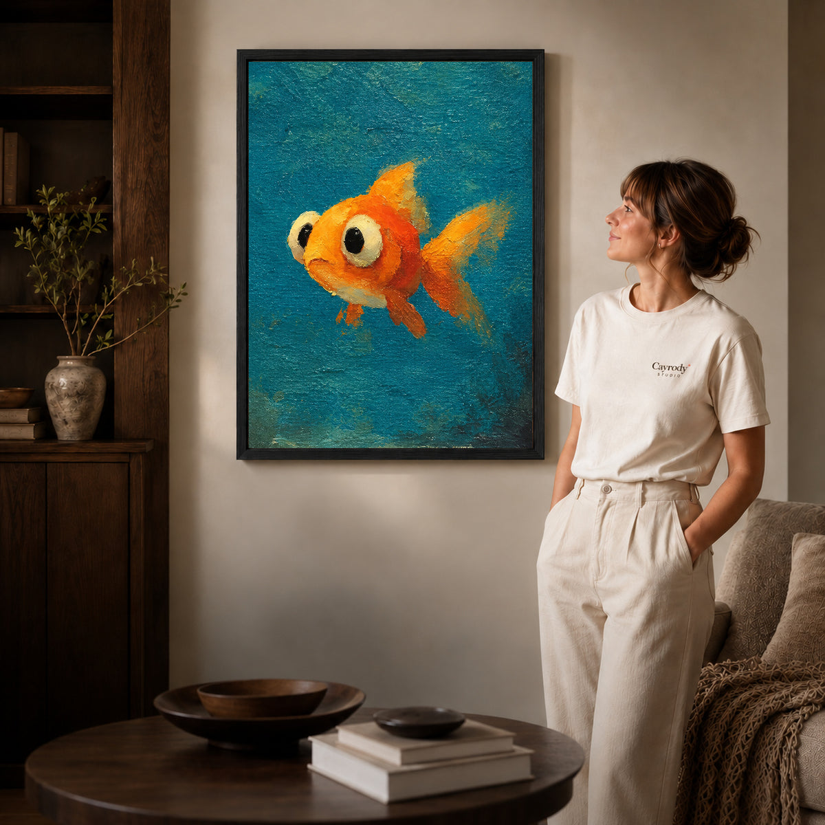 Curious Goldfish Canvas Art inside a black frame in a softly lit living room with books.