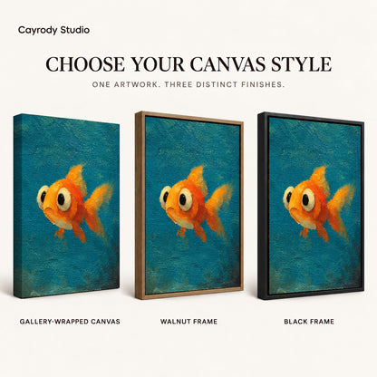 Curious Goldfish Canvas Art shown in gallery wrapped canvas, walnut frame, and black frame finishes.