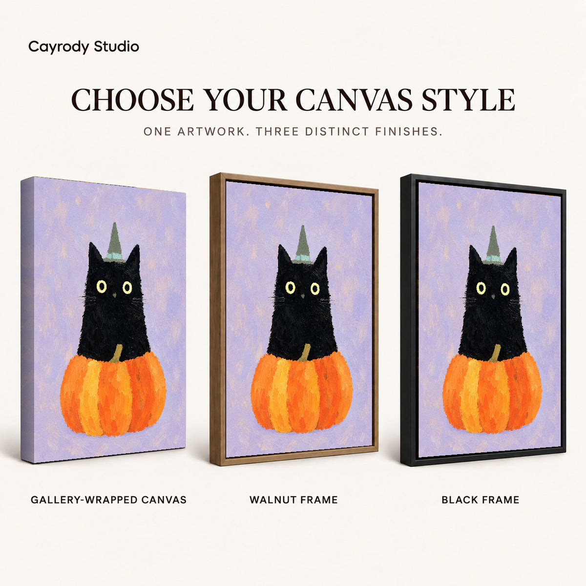 Pumpkin Witch Cat Canvas Art shown in gallery wrapped canvas, walnut frame, and black frame finishes.