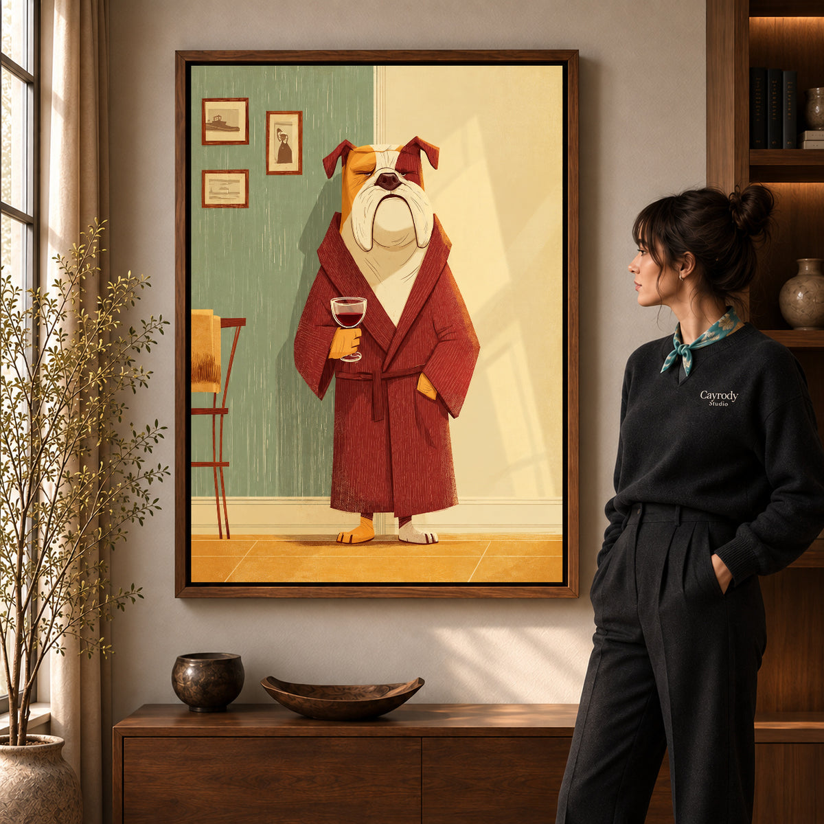 Evening Bulldog Canvas Art in a walnut frame beside a standing woman and warm wooden furniture.