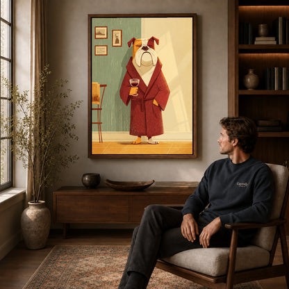 Evening Bulldog Canvas Art displayed in a walnut frame above wooden furniture beside a seated man.