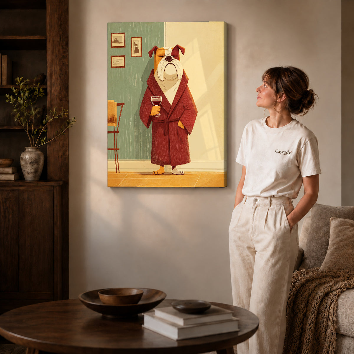 Evening Bulldog Canvas Art on gallery wrapped canvas with visible depth beside a woman in white.