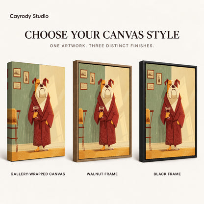 Evening Bulldog Canvas Art shown in gallery wrapped canvas, walnut frame, and black frame finishes.