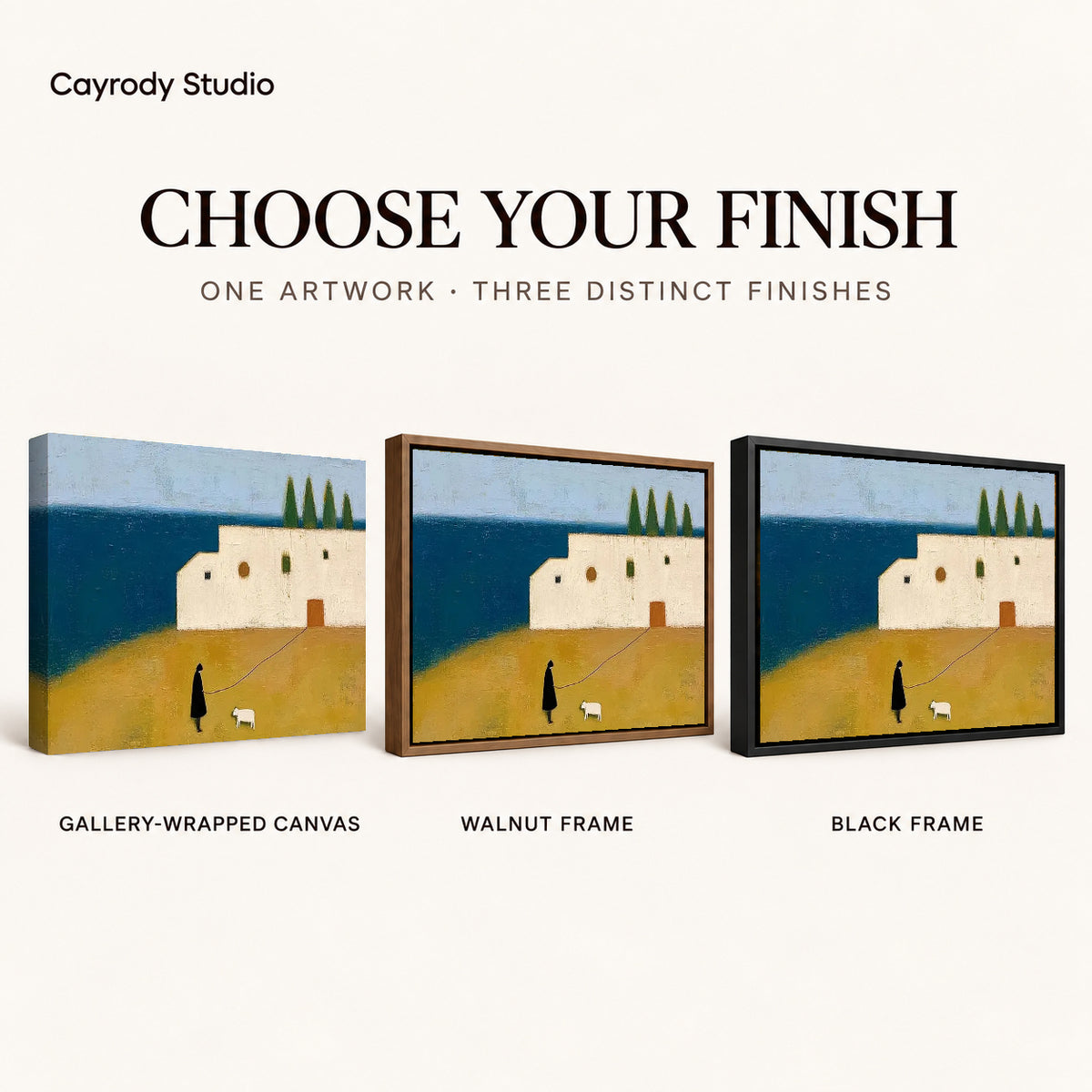 Coastal Companion Canvas Art shown in gallery wrapped canvas, walnut frame, and black frame finishes.