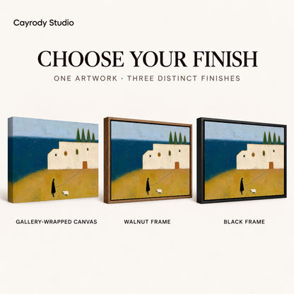 Coastal Companion Canvas Art shown in gallery wrapped canvas, walnut frame, and black frame finishes.