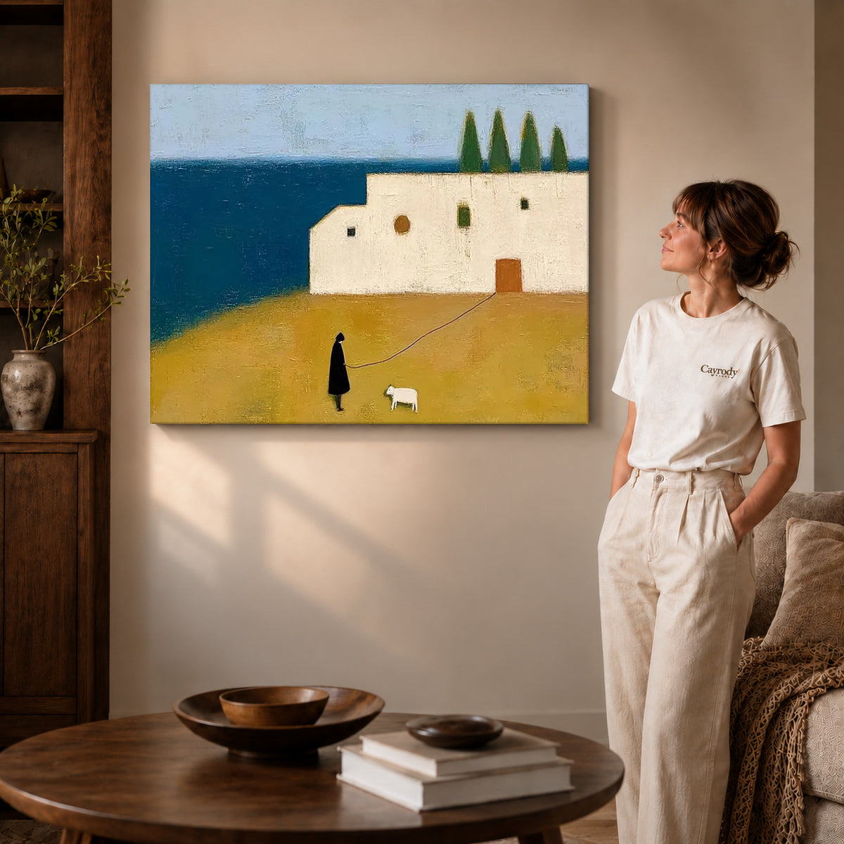 Gallery wrapped coastal companion canvas art showing dimensional edges and soft shadows in a living room.
