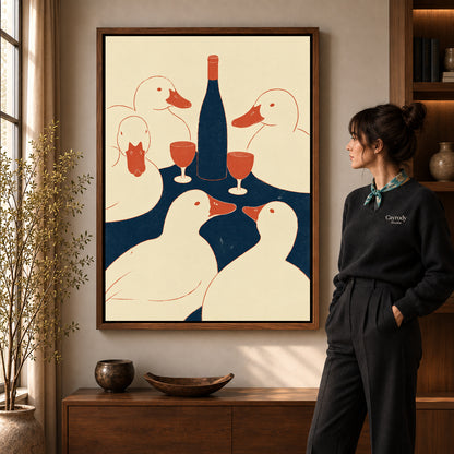 Ducks Toast Canvas Art in a walnut frame beside a standing woman and warm wooden furniture.