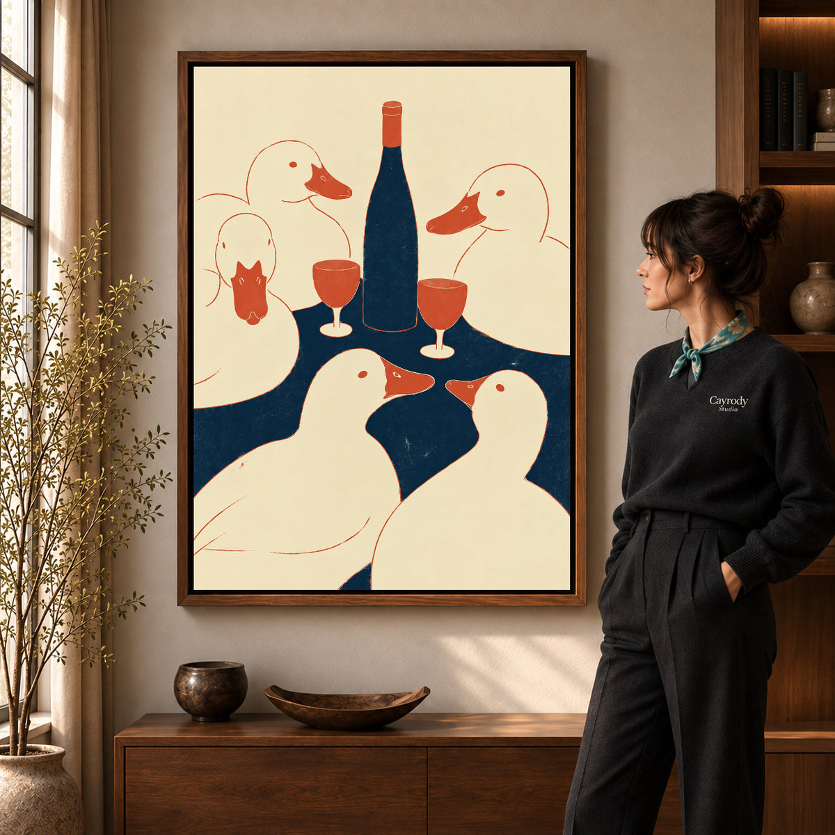 Walnut framed ducks toast canvas art with the complete artwork displayed in a warm living room.
