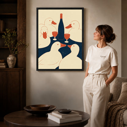 Black framed ducks toast canvas art displayed beside a woman with natural light across the wall.