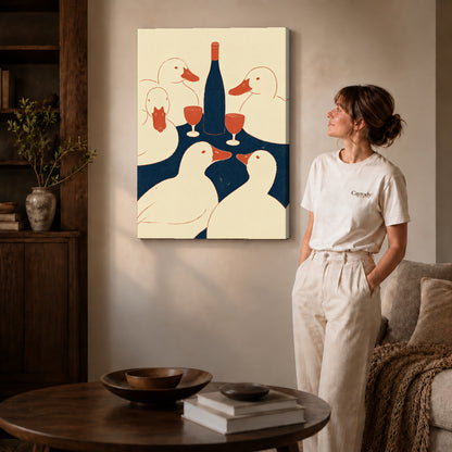 Gallery wrapped ducks toast canvas art showing dimensional edges and soft shadows in a living room.