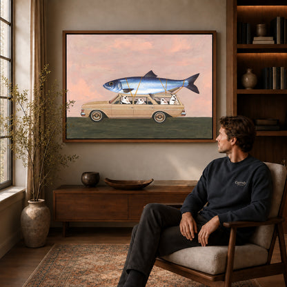 Fishing Trip Canvas Art displayed in a walnut frame above wooden furniture beside a seated man.