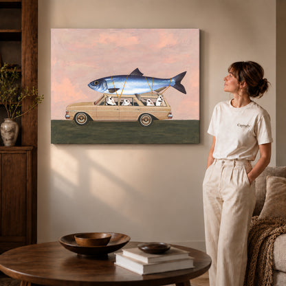 Fishing Trip Canvas Art on gallery wrapped canvas with visible depth beside a woman in white.