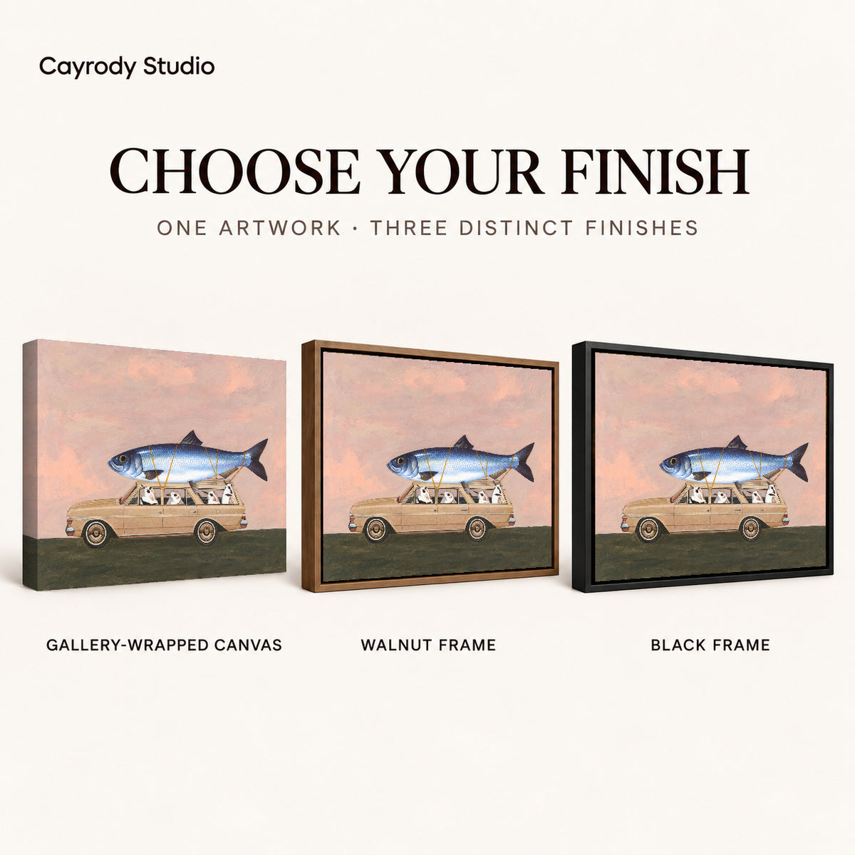 Fishing Trip Canvas Art shown in gallery wrapped canvas, walnut frame, and black frame finishes.