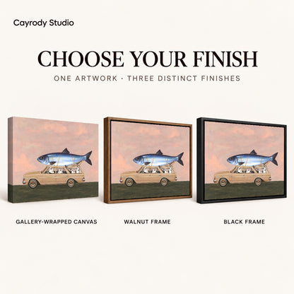 Fishing Trip Canvas Art shown in gallery wrapped canvas, walnut frame, and black frame finishes.