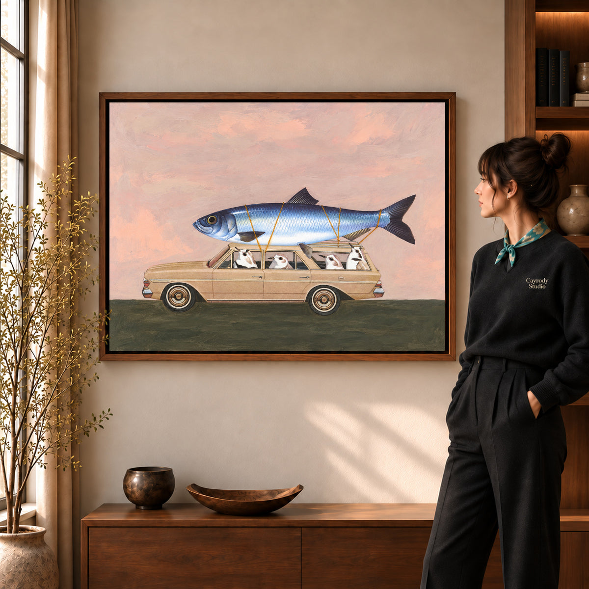 Walnut framed fishing trip canvas art with the complete artwork displayed in a warm living room.