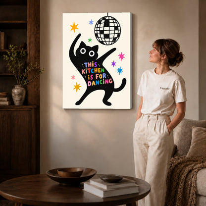 dancing kitchen cat canvas art on gallery-wrapped canvas with natural edge shading beside a standing woman.