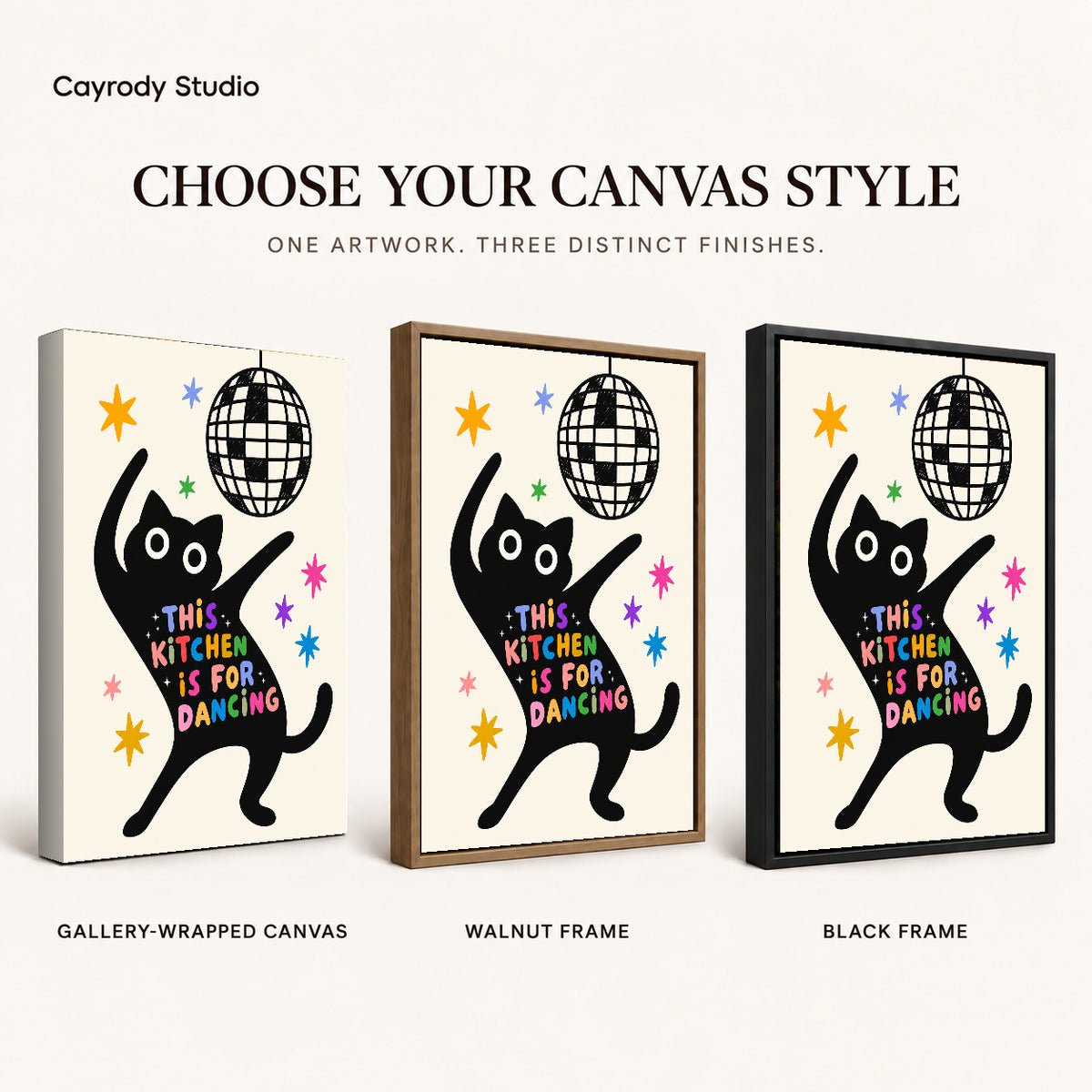 dancing kitchen cat canvas art compared across gallery-wrapped canvas, walnut frame, and black frame finishes.
