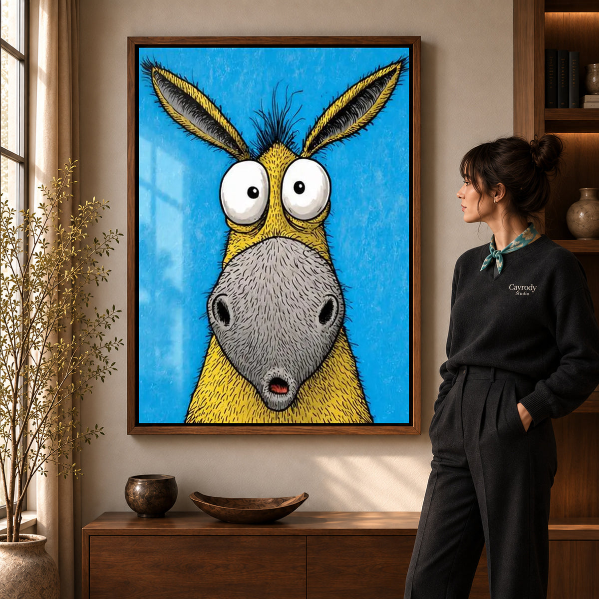 Wide Eyed Donkey Canvas Art in a walnut frame beside a standing woman and warm wooden furniture.