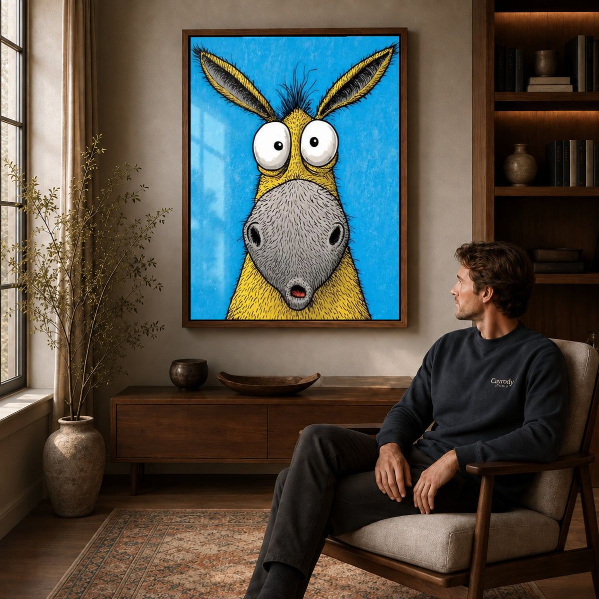 Wide Eyed Donkey Canvas Art displayed in a walnut frame above wooden furniture beside a seated man.