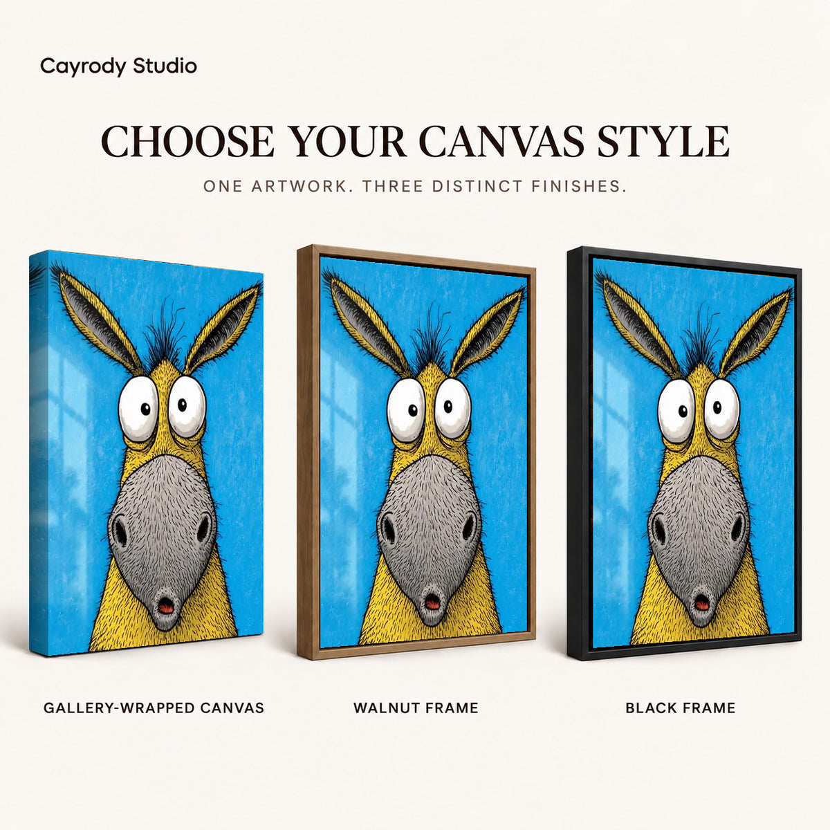 Wide Eyed Donkey Canvas Art shown in gallery wrapped canvas, walnut frame, and black frame finishes.