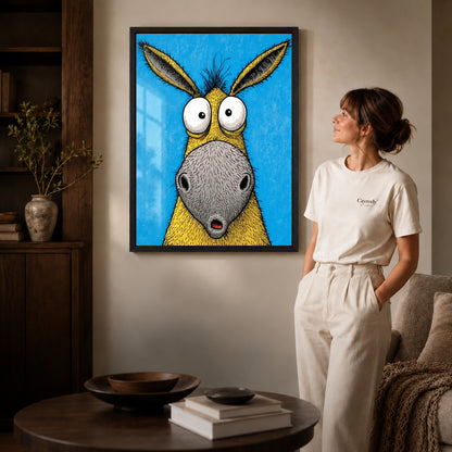 Black framed wide eyed donkey canvas art displayed beside a woman with natural light across the wall.
