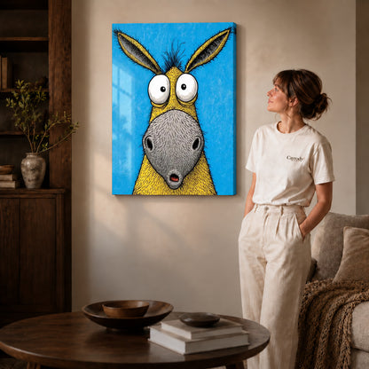 Gallery wrapped wide eyed donkey canvas art showing dimensional edges and soft shadows in a living room.