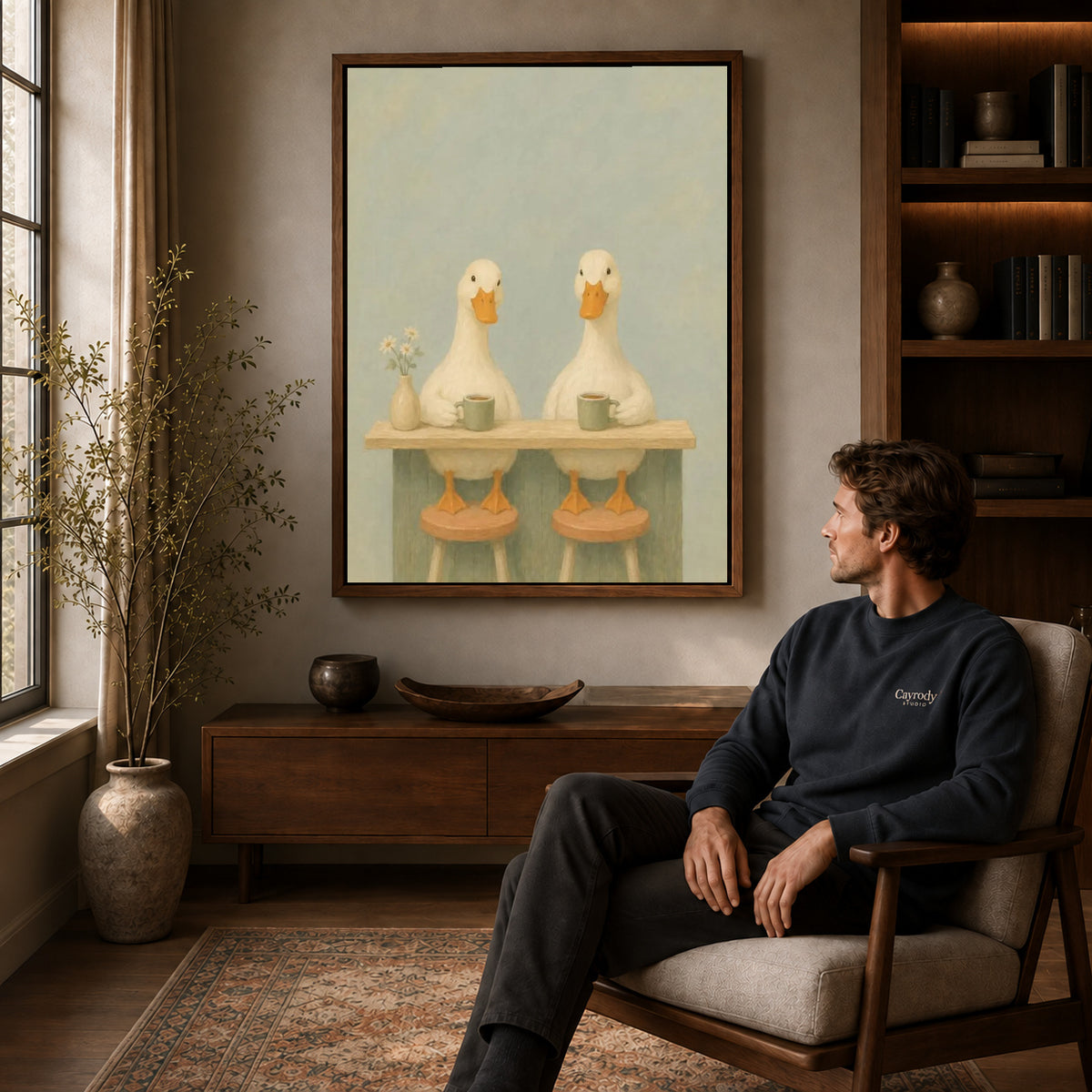 Coffee Duck Canvas Art displayed in a walnut frame above wooden furniture beside a seated man.