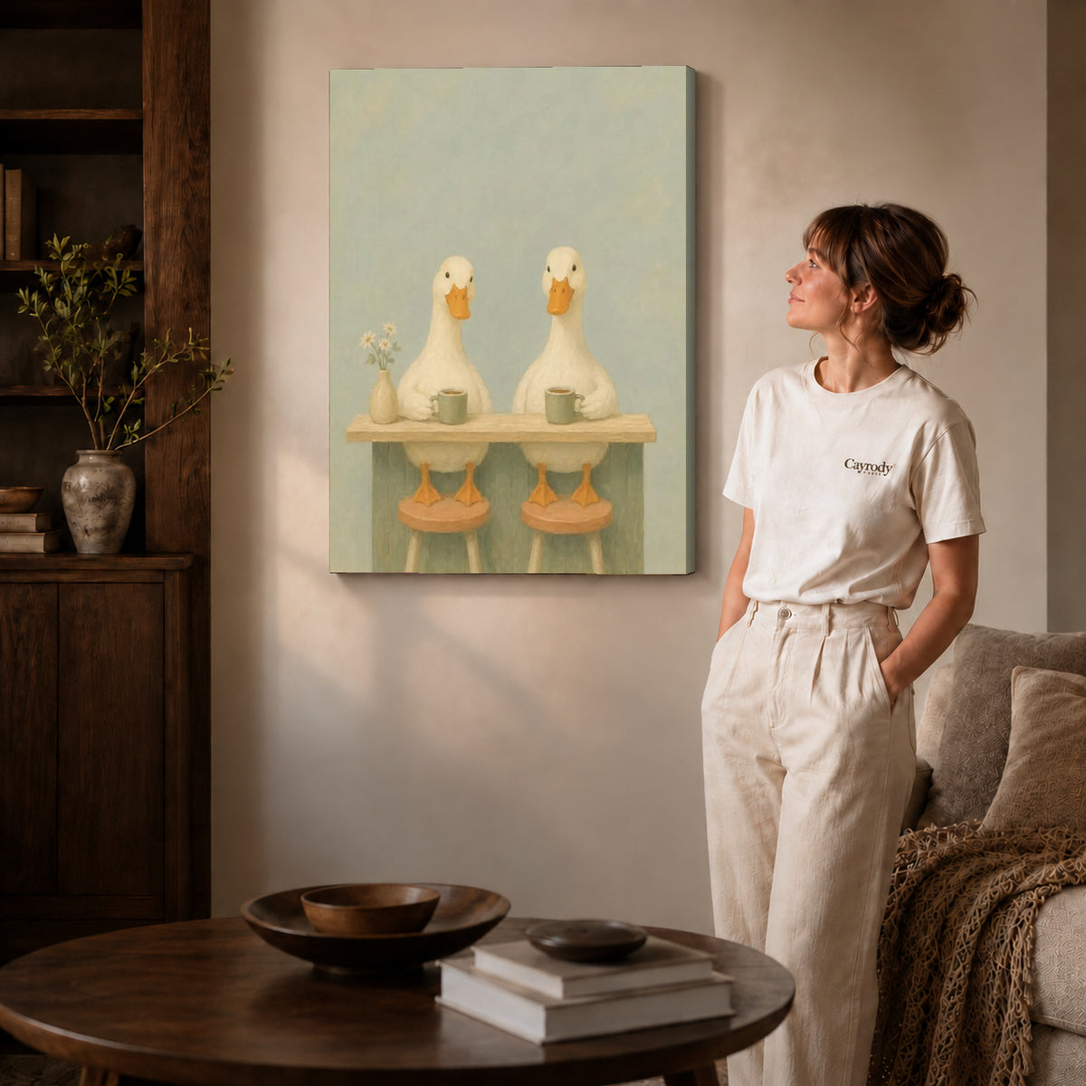 Coffee Duck Canvas Art on gallery wrapped canvas with visible depth beside a woman in white.