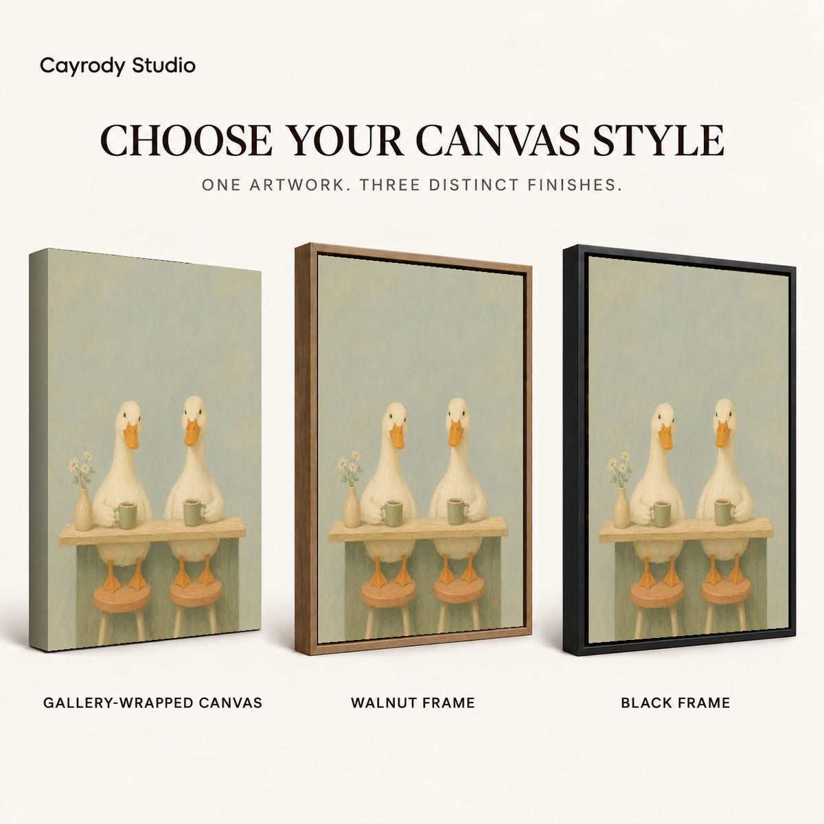 Coffee Duck Canvas Art shown in gallery wrapped canvas, walnut frame, and black frame finishes.