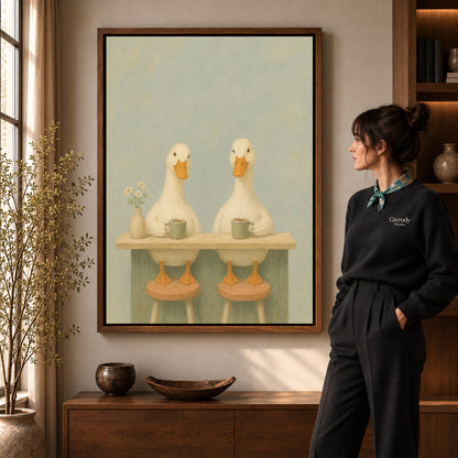 Walnut framed coffee duck canvas art with the complete artwork displayed in a warm living room.